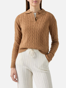 Savoy soft-touch cable-knit merino wool polo sweater in camel