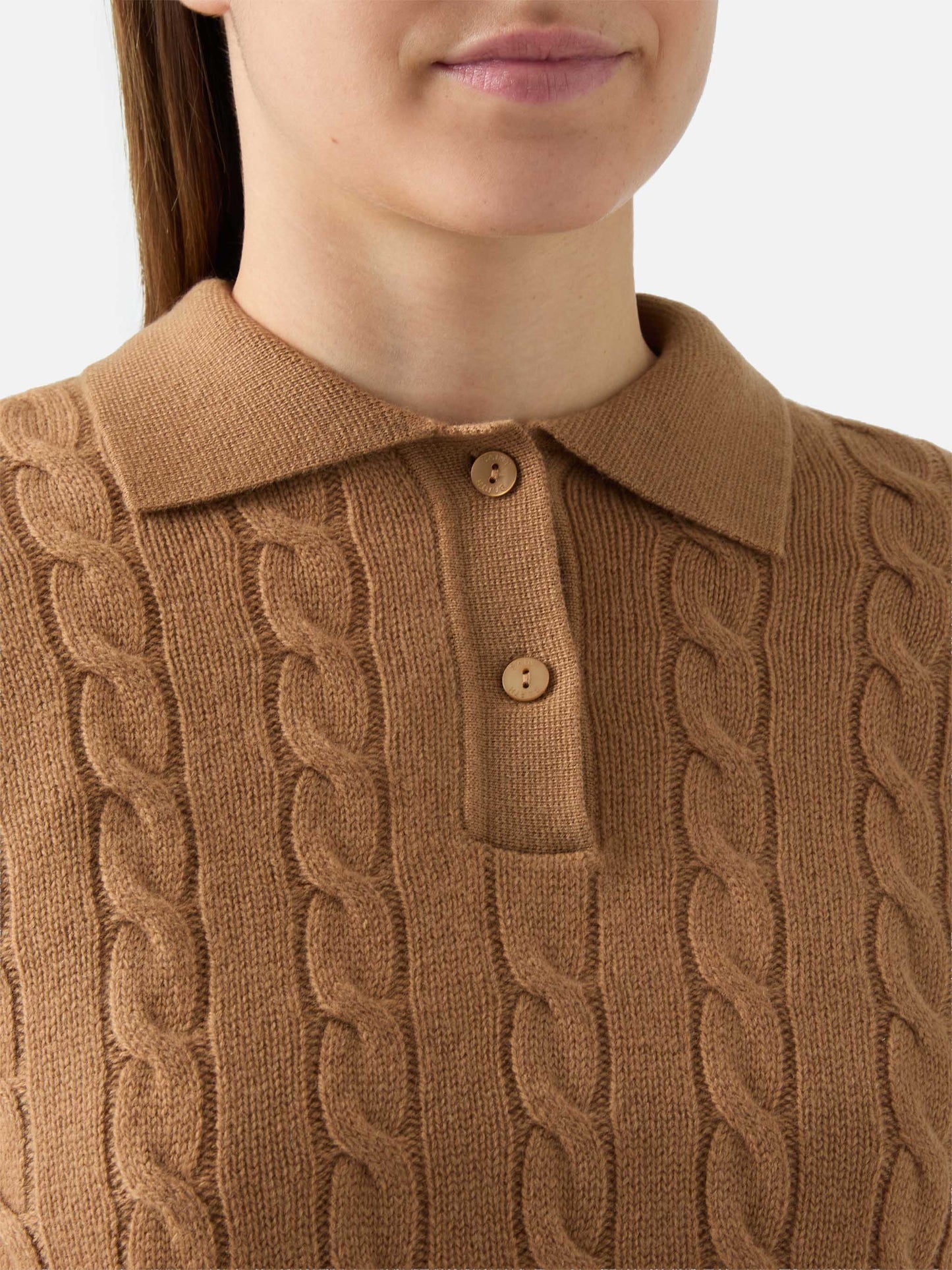 Savoy soft-touch cable-knit merino wool polo sweater in camel
