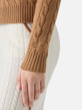Savoy soft-touch cable-knit merino wool polo sweater in camel