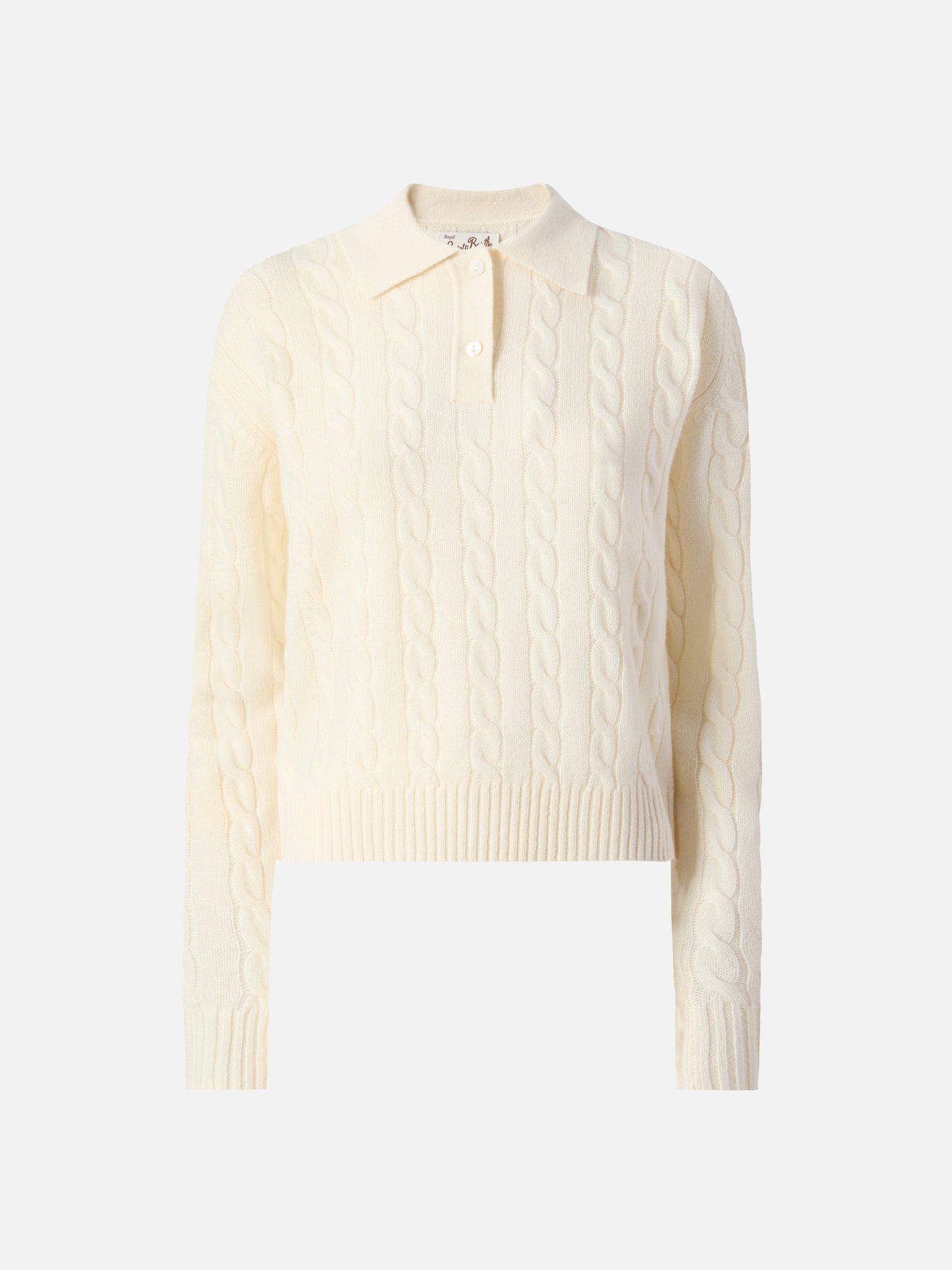 Savoy soft-touch cable-knit merino wool polo sweater in white