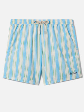 Syros swim shorts with light blue striped pattern and logo embroidery