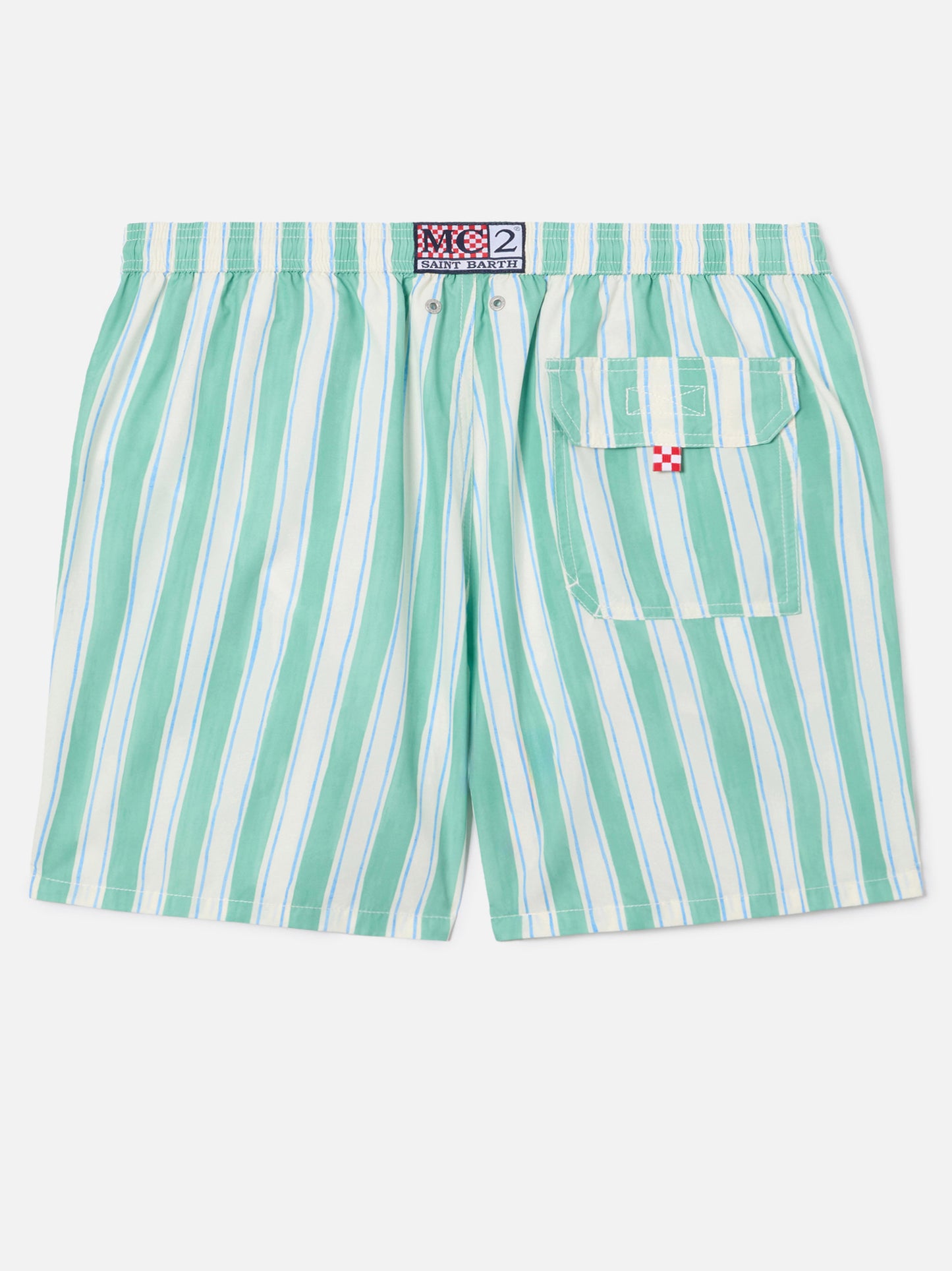 Syros swim shorts with green striped pattern and logo embroidery