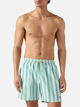 Syros swim shorts with green striped pattern and logo embroidery