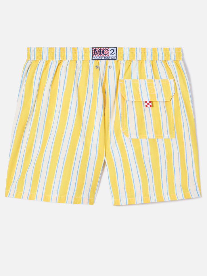 Syros swim shorts with yellow striped pattern and logo embroidery