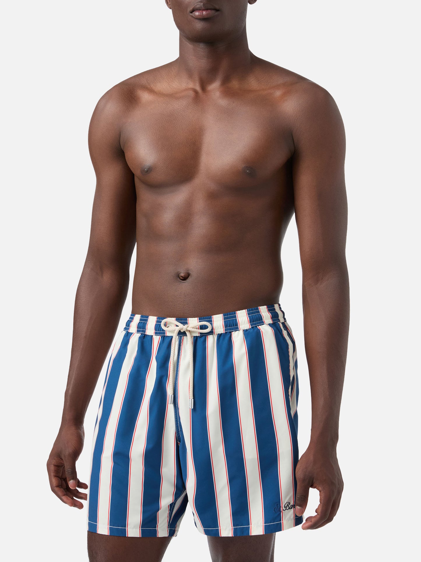 Syros swim shorts with blue striped pattern and logo embroidery