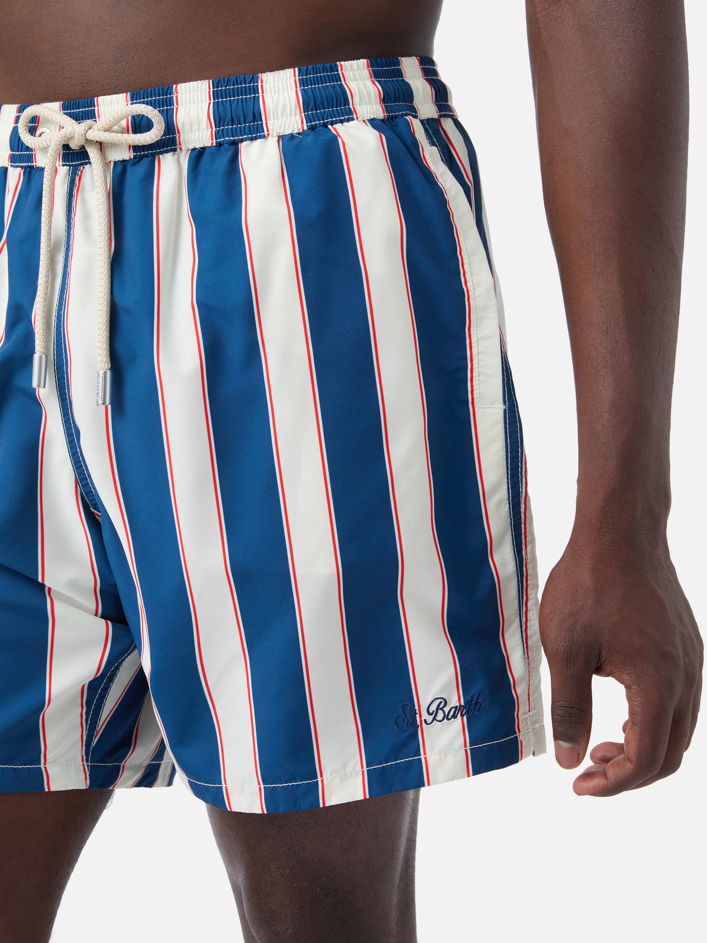 Syros swim shorts with blue striped pattern and logo embroidery