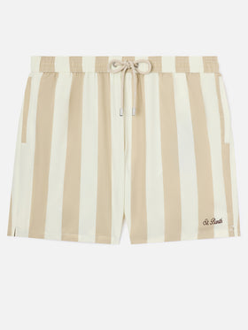 Bañador corto Syros con estampado de rayas blancas y beige 