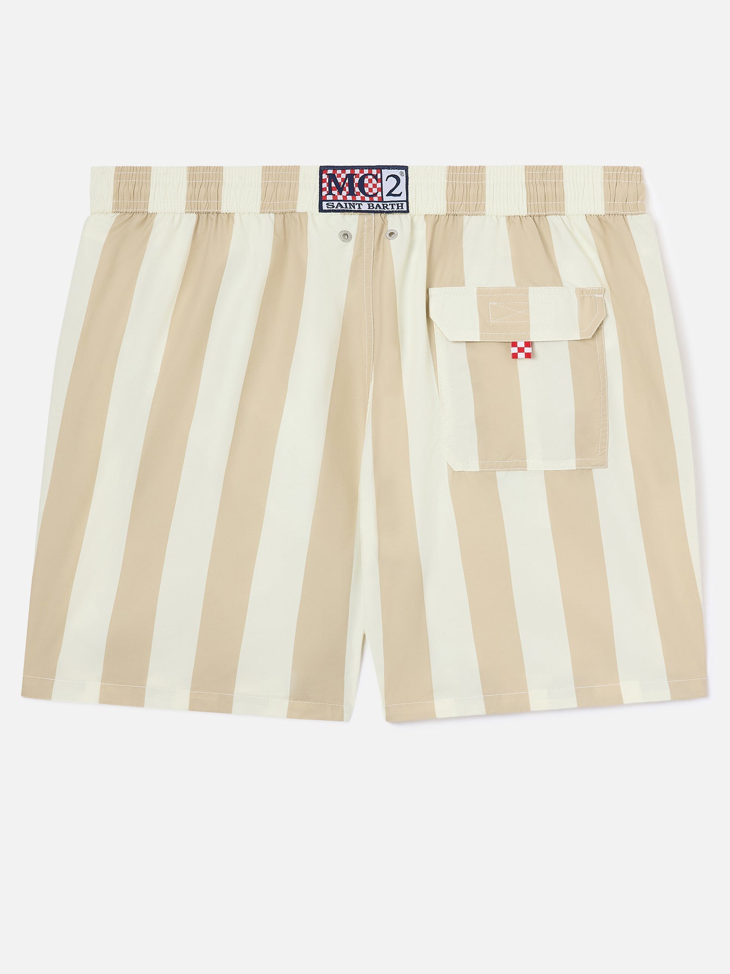 Bañador corto Syros con estampado de rayas blancas y beige 