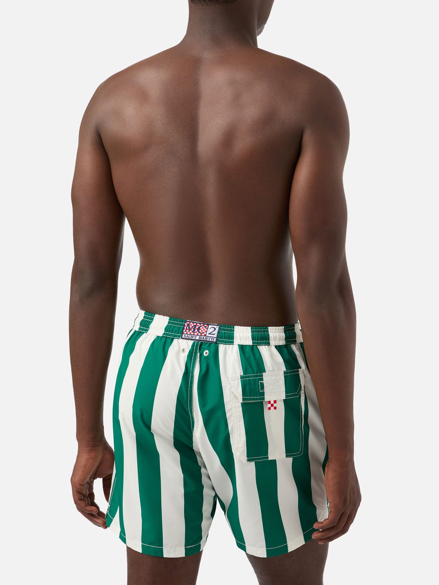 Syros swim shorts with white and British green striped print