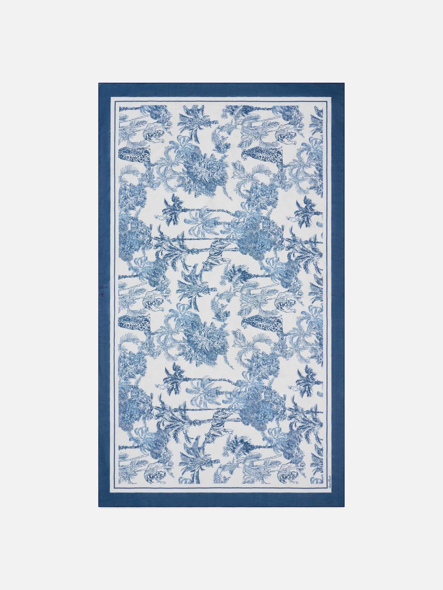Thaiti long pareo in silk blend with blue toile de jouy print