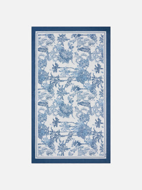 Thaiti long pareo in silk blend with blue toile de jouy print