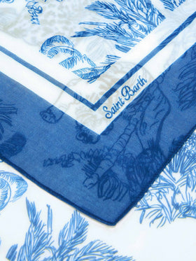 Thaiti long pareo in silk blend with blue toile de jouy print