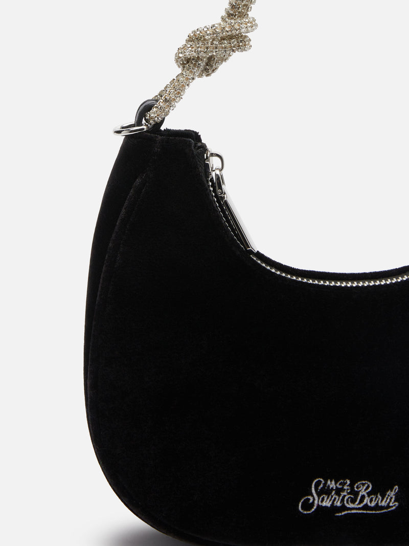 Borsa a baguette in velluto nero Tallulah con manico in strass