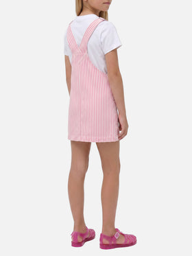 Pink striped denim pinafore dress Tecla Jr with embroidery