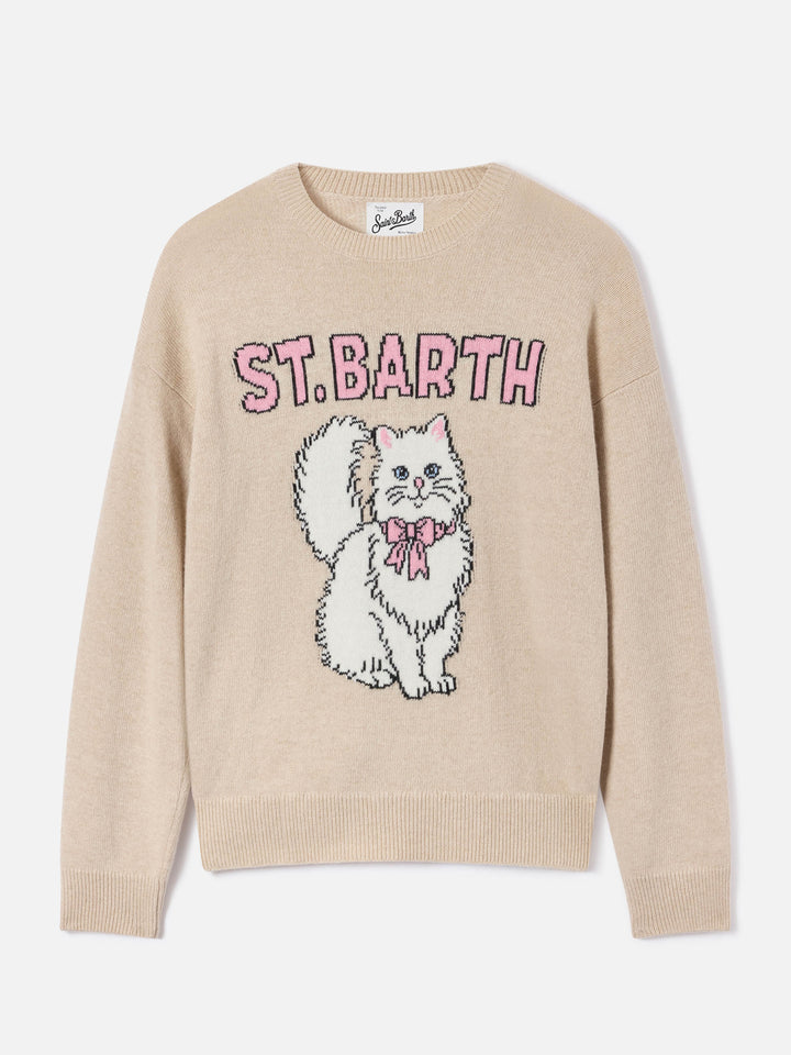 Beige Tessa wool and cashmere blend crewneck knit with kitten intarsia