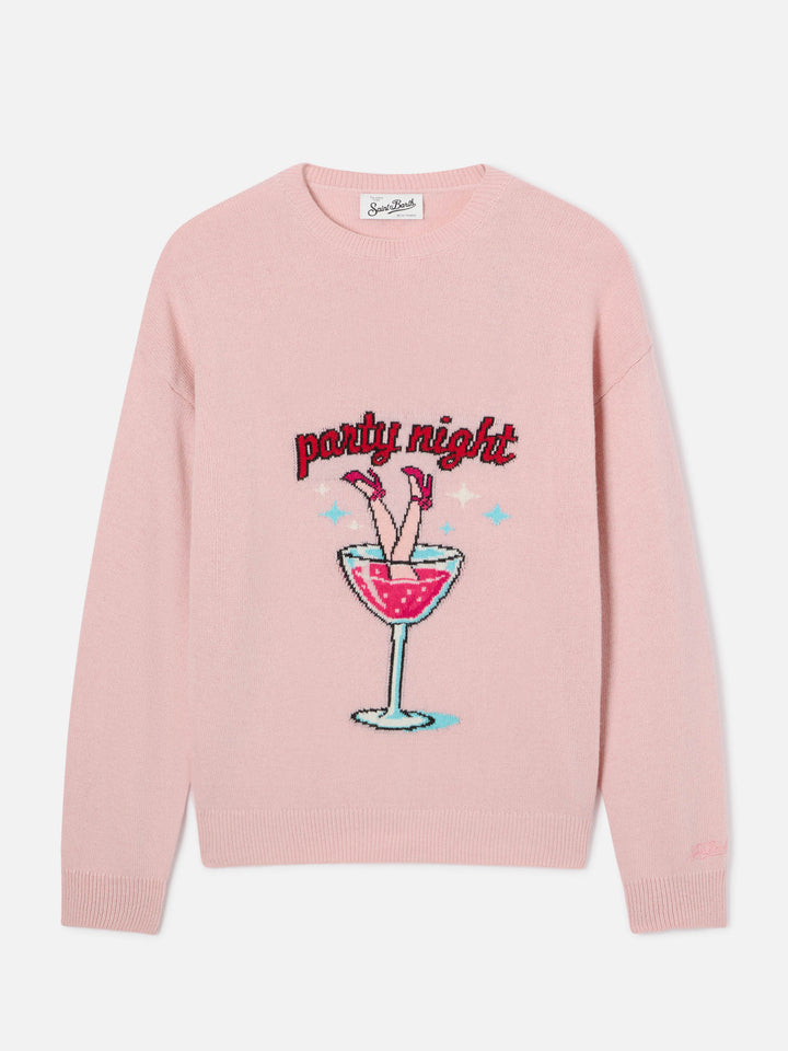 Jersey de cuello redondo Pink Tessa en mezcla de lana y cachemira con bordado Party Night 