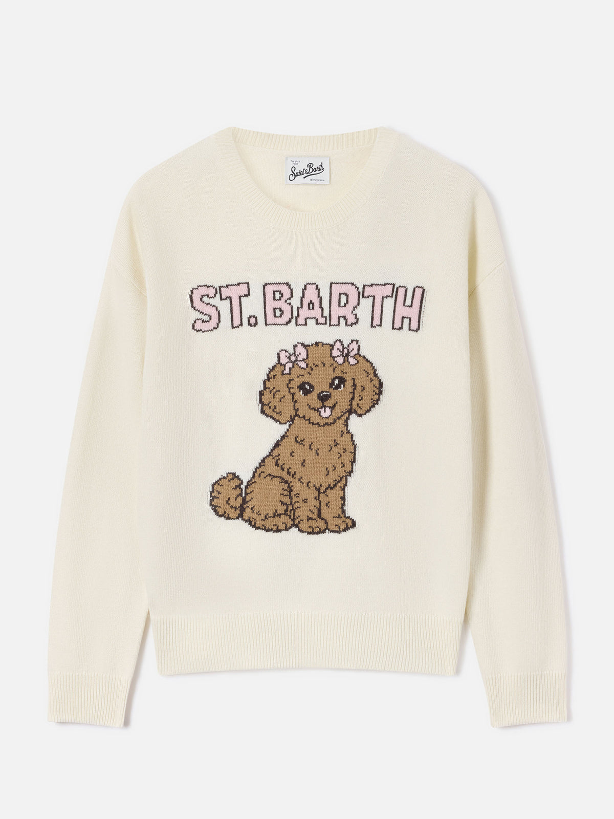 Pull col rond Tessa blanc cassé en mélange de laine et cachemire avec intarsia caniche 