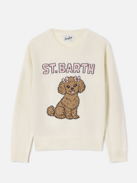 Pull col rond Tessa blanc cassé en mélange de laine et cachemire avec intarsia caniche 