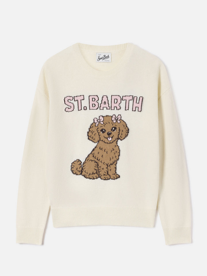 Off white Tessa wool and cashmere blend crewneck knit with poodle intarsia
