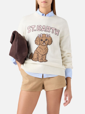 Pull col rond Tessa blanc cassé en mélange de laine et cachemire avec intarsia caniche 