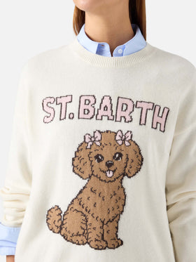 Pull col rond Tessa blanc cassé en mélange de laine et cachemire avec intarsia caniche 