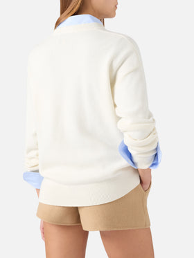 Pull col rond Tessa blanc cassé en mélange de laine et cachemire avec intarsia caniche 