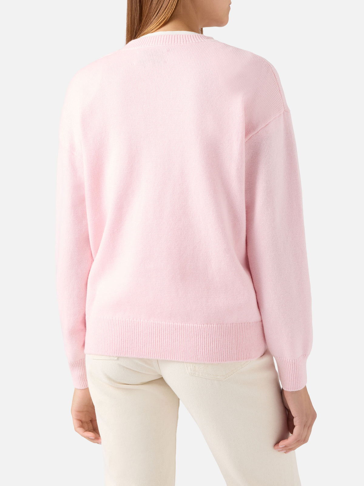 Maglia girocollo Tessa rosa in misto lana e cashmere con intarsio Snoopy | Special edition