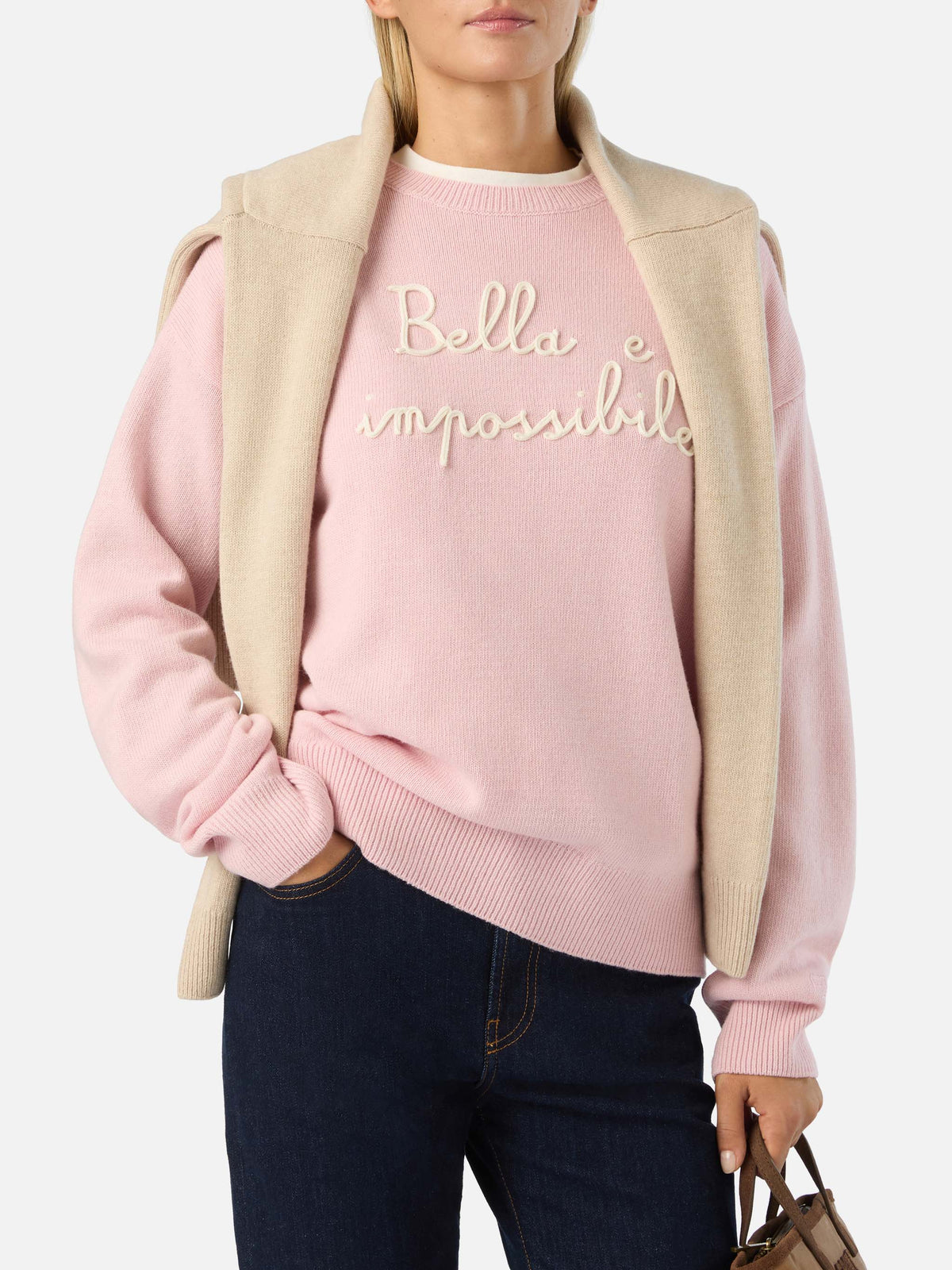 Jersey de punto con cuello redondo Tessa rosa en mezcla de lana y cashmere con bordado Bella E Impossibile 