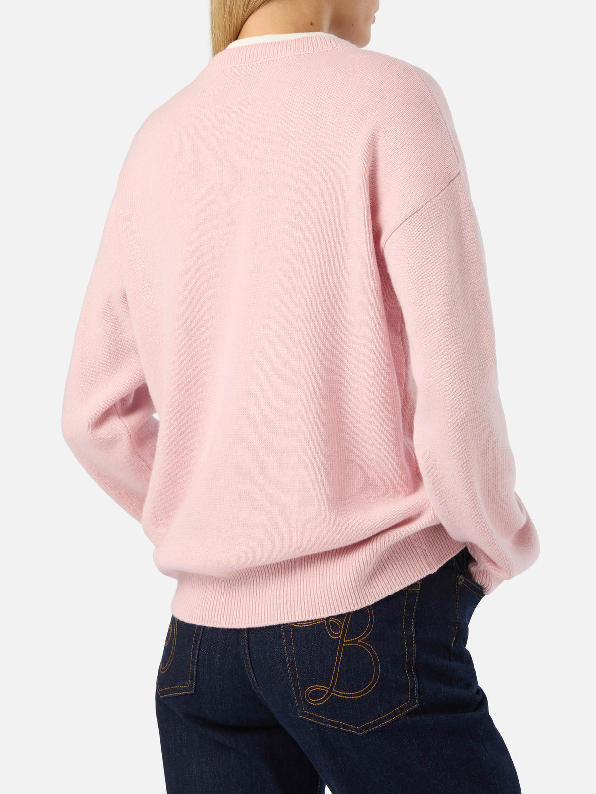 Jersey de punto con cuello redondo Tessa rosa en mezcla de lana y cashmere con bordado Bella E Impossibile 