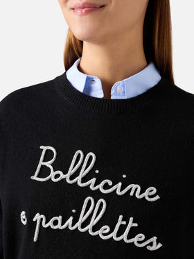 Black Tessa wool and cashmere blend crewneck knit with Bollicine E Paillettes embroidery