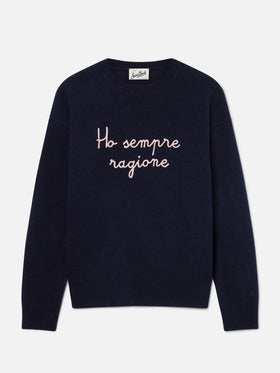 Pull col rond en maille Tessa bleu marine blue en mélange de laine et cachemire avec broderie Ho Sempre Ragione 