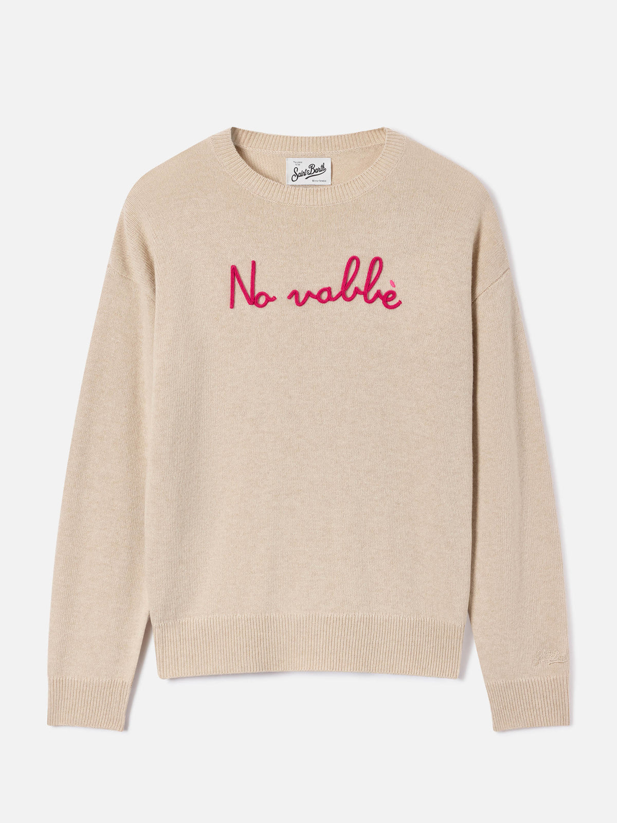 Maglia girocollo Tessa beige in misto lana e cashmere con ricamo No Vabbè