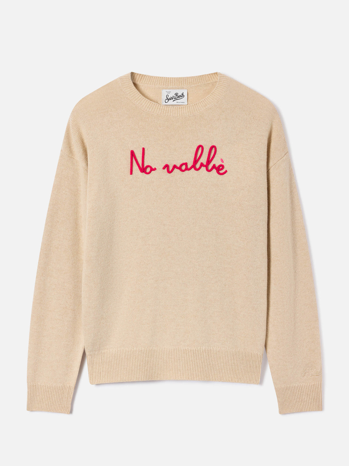 Jersey de cuello redondo Tessa beige en mezcla de lana y cachemira con bordado No Vabbè 