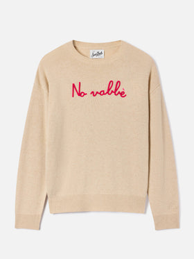 Jersey de cuello redondo Tessa beige en mezcla de lana y cachemira con bordado No Vabbè 