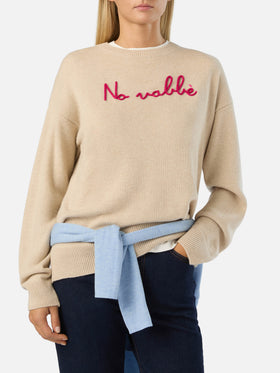 Jersey de cuello redondo Tessa beige en mezcla de lana y cachemira con bordado No Vabbè 