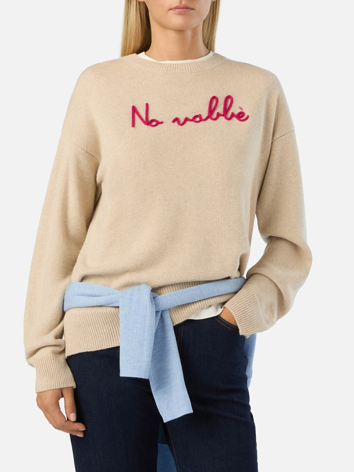 Beige Tessa wool and cashmere blend crewneck knit with No Vabbè embroidery