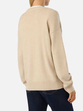 Jersey de cuello redondo Tessa beige en mezcla de lana y cachemira con bordado No Vabbè 