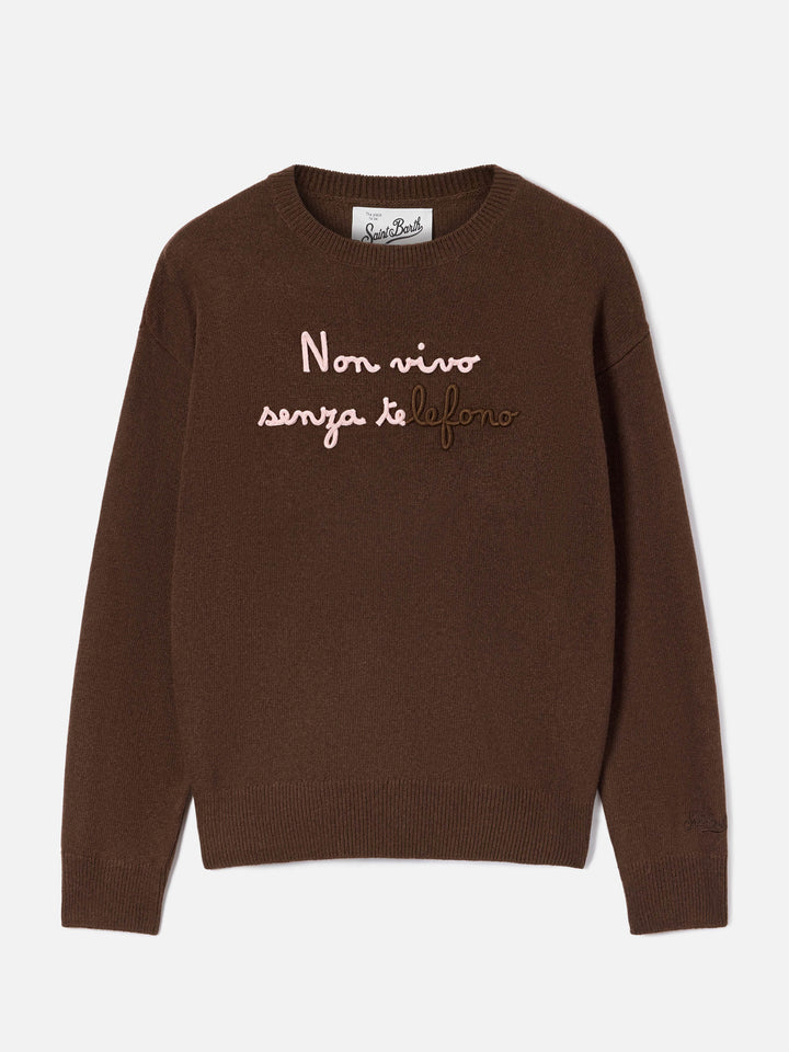 Brown Tessa wool and cashmere blend crewneck knit with Non Vivo Senza Te embroidery