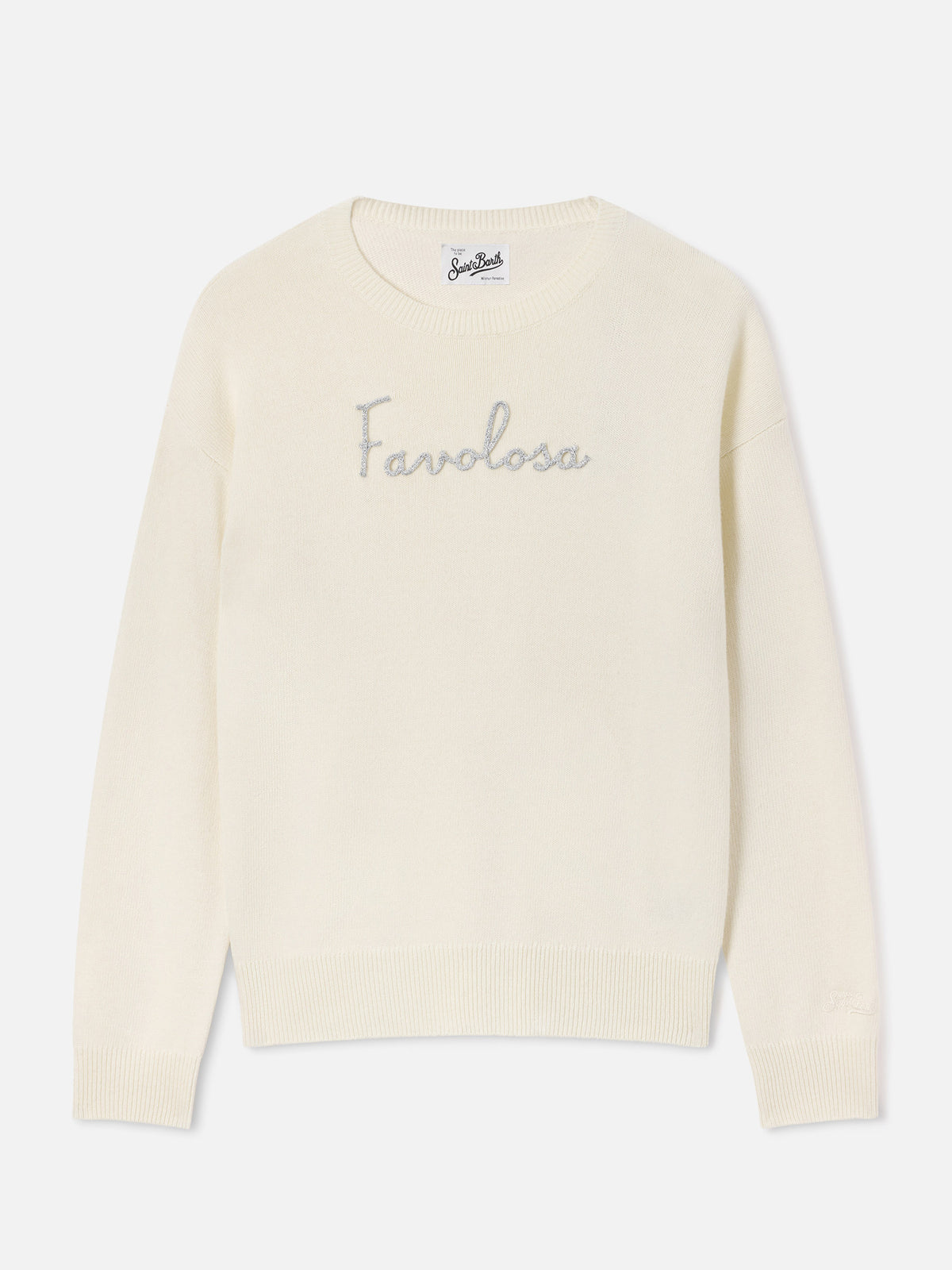 Off white Tessa wool and cashmere blend crewneck knit with Favolosa embroidery