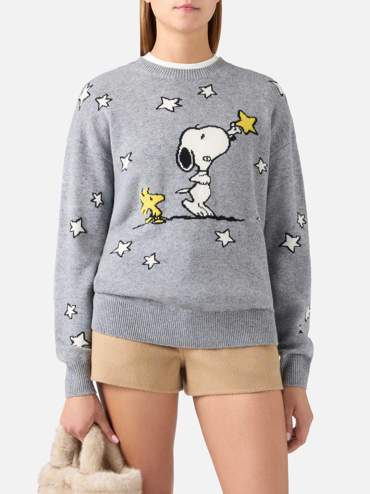Pull col rond en maille gris Tessa en mélange de laine et cachemire avec intarsia Snoopy | Special edition 