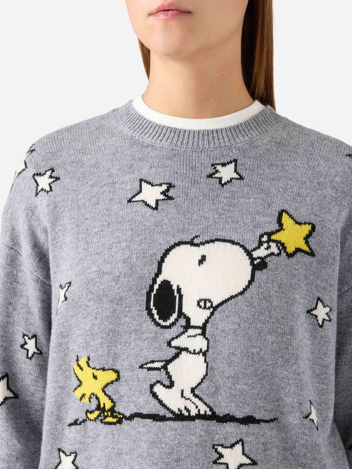 Pull col rond en maille gris Tessa en mélange de laine et cachemire avec intarsia Snoopy | Special edition 