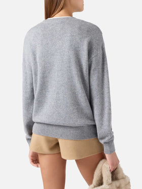Pull col rond en maille gris Tessa en mélange de laine et cachemire avec intarsia Snoopy | Special edition 