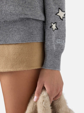 Pull col rond en maille gris Tessa en mélange de laine et cachemire avec intarsia Snoopy | Special edition 