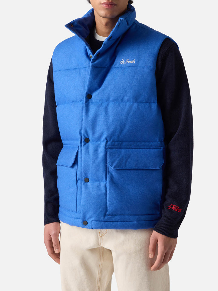 Herrenweste aus blauer Wolle mit Daunenfüllung und Taschen
