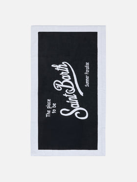 Black terry beach towel with white frame