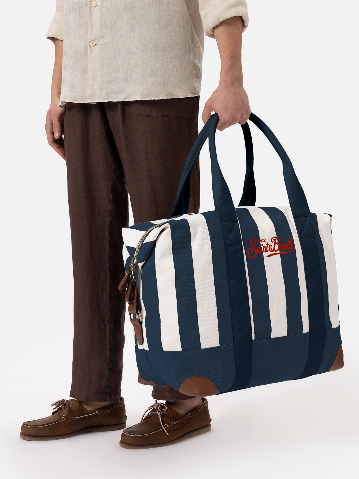 Travel duffel cotton canvas bag with blue striped print