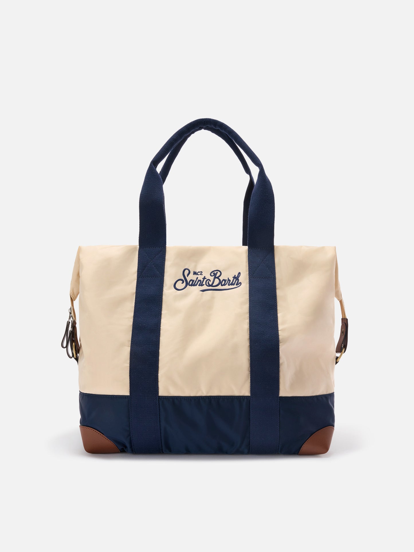 Travel Bag cream and blue nylon weekender with embroidered logo