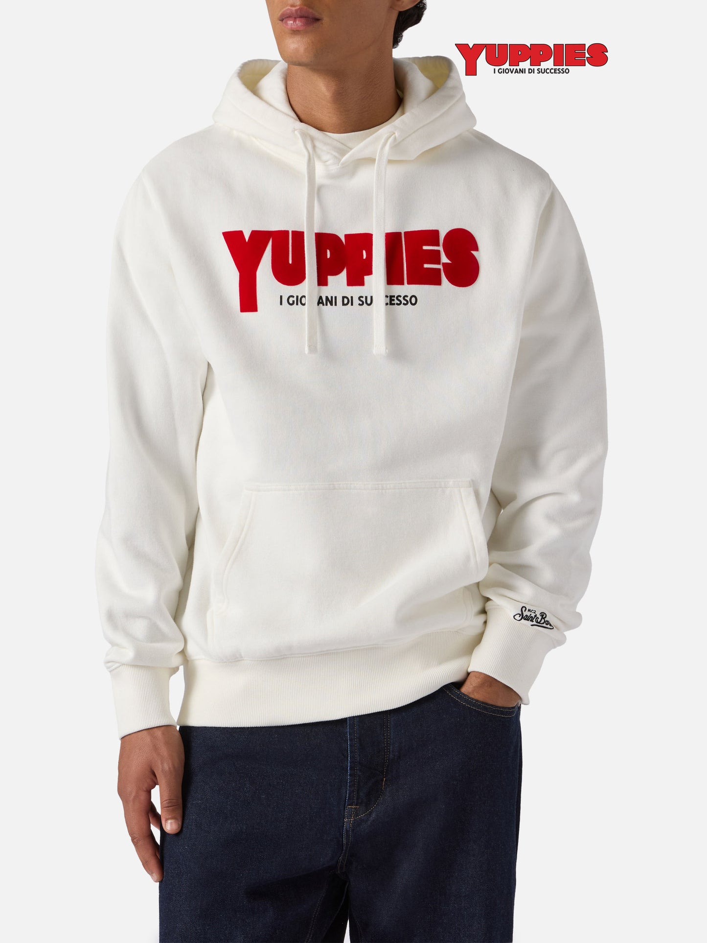 Tribeca cotton hoodie in white with Yuppies flock print | YUPPIES SPECIAL EDITION