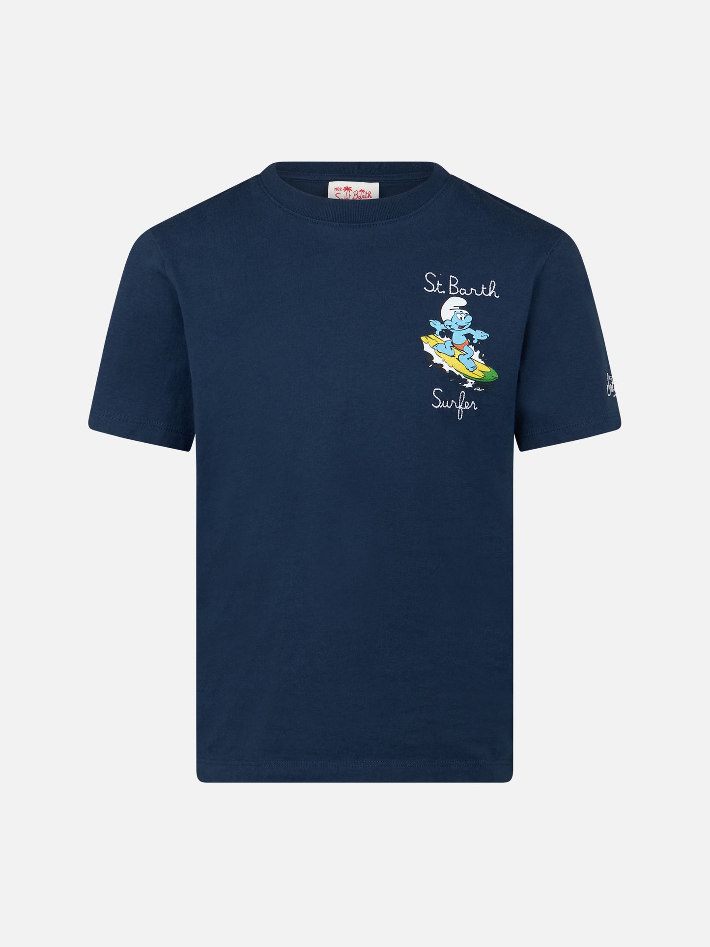 Baumwoll-T-Shirt für Jungen mit Schlumpf-Aufdruck und St. Barth Surfer-Stickerei | DIE SCHMURF-SONDEREDITION
