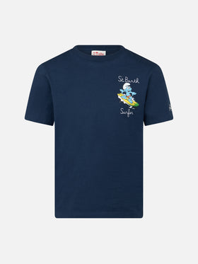 Baumwoll-T-Shirt für Jungen mit Schlumpf-Aufdruck und St. Barth Surfer-Stickerei | DIE SCHMURF-SONDEREDITION